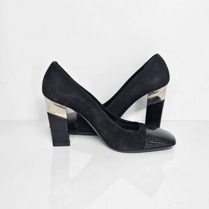 Prada Black Suede Patent Leather Square Toe Block Heel Pumps Silver Accent 36.5